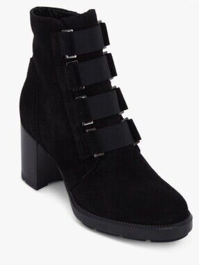 Aquatalia Black Ankle Boot with Elastic Strap Accents